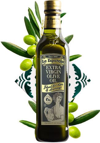 La Española EVOO bottle with tile and olives in the background