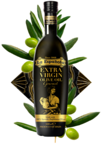 La Española Gourmet EVOO bottle with tile and olives in the background