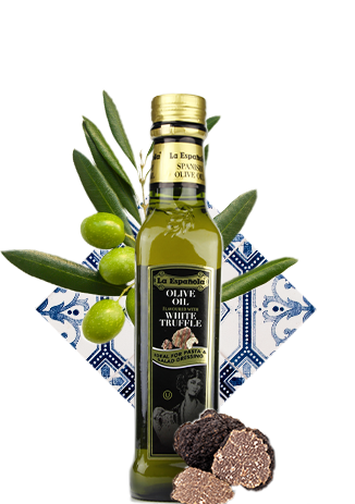 La Española Extra Virgin Olive Oil flavoured white truffle with tile and olives in the background