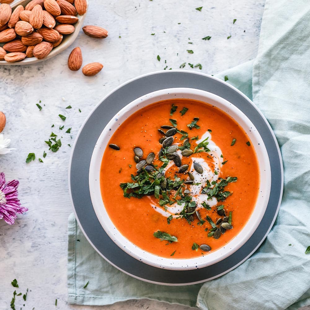 Tomato soup bowl with nuts from La Española Olive Oil Instagram