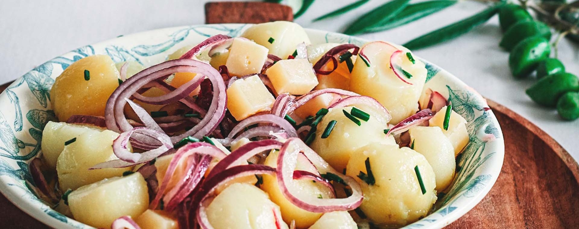 Baby Potato, Red Onion and Vegan Cheese Salad - La Española Olive Oil