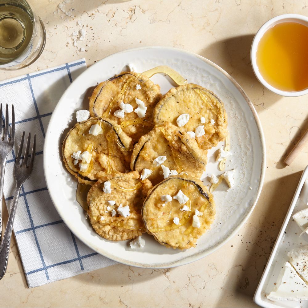 Fried Eggplant with Honey and Goat Cheese